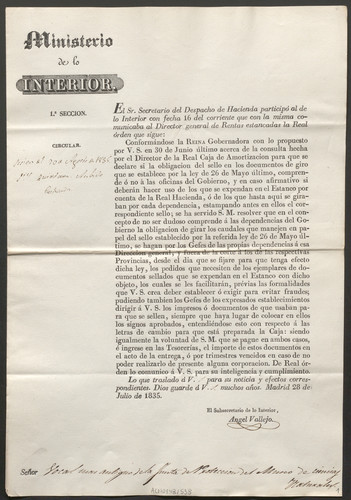 Don Ángel Vallejo comunica al vocal más antiguo de la Junta, la Real Orden acerca del papel de sellos en los documentos de giro