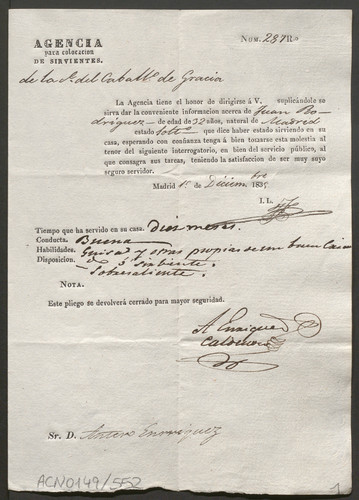 Notificación de la «Agencia para colocación de sirvientes», n° 287, a don Antero Enríquez, para que informe del sirviente Juan Rodríguez