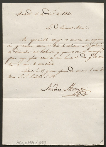 Carta de don Andrés Alcón a don Pascual Asensio, para que le remita todo lo relativo a la plaza de disecador