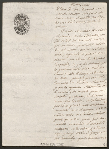 Don Vicente María Valcarcel comunica a don José Duazo la notificación del Secretario de la Academia de San Femando, suprimiendo la plaza de plantón.