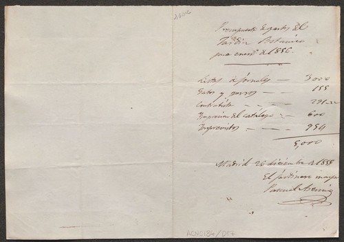 Cuenta de cargo y data del Museo de Ciencias Naturales de diciembre de 1855, relativa al Gabinete de Historia Natural y al Jardín Botánico