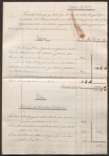 Cuenta de cargo y data del Museo de Ciencias Naturales de octubre de 1855, relativa al Gabinete de Historia Natural y al Jardín Botánico
