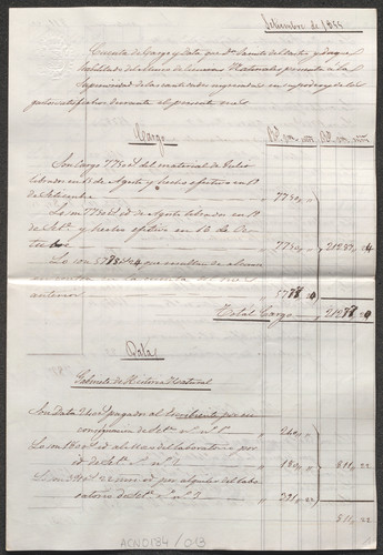 Cuenta de cargo y data del Museo de Ciencias Naturales de septiembre de 1855, relativa al Gabinete de Historia Natural y al Jardín Botánico
