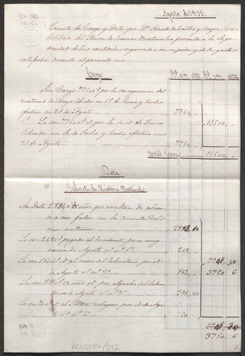 Cuenta de cargo y data del Museo de Ciencias Naturales de agosto de 1855, relativa al Gabinete de Historia Natural y al Jardín Botánico