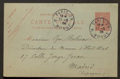 Postal de G. A. Goujade a Ignacio Bolívar.