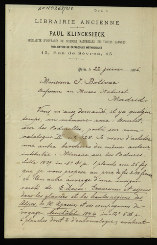 Correspondencia de Paul Klincksieck, librairie con Ignacio Bolívar.