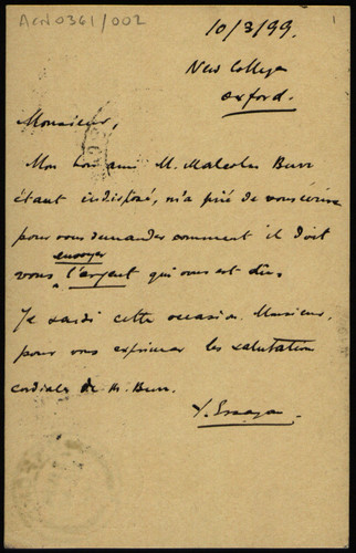 Postal de Erayan? dirigida a Ignacio Bolívar.
