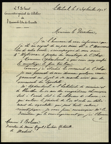 Carta de Faurd? acerca del okapi dirigida a Ignacio Bolívar.